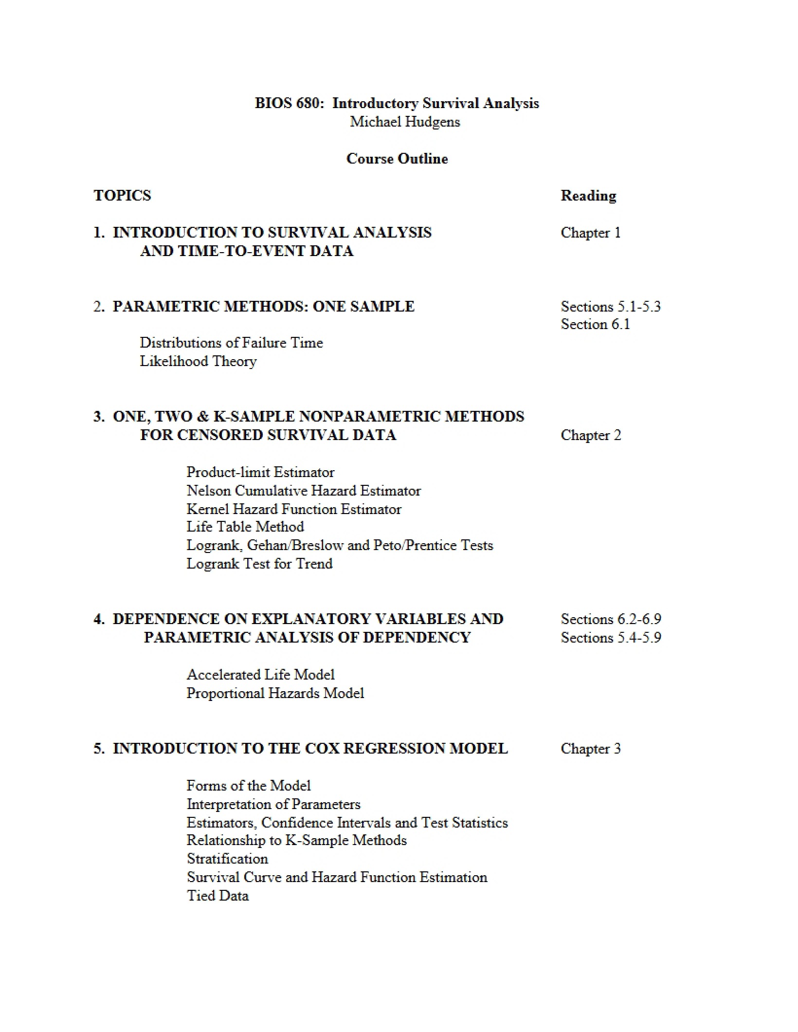 Course Outline for Survival Analysis