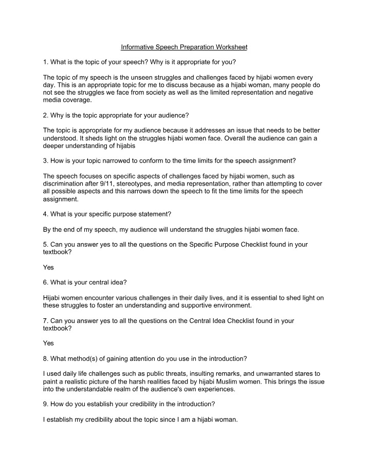 Worksheet for Informative Speech Preparation