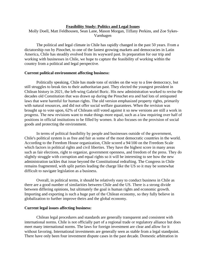 Working in Chile - Political and Legal Feasibility