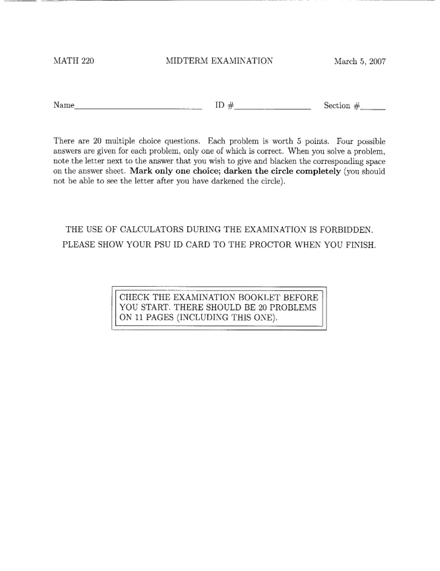 Midterm Assessment Math 220 - 12 Pages