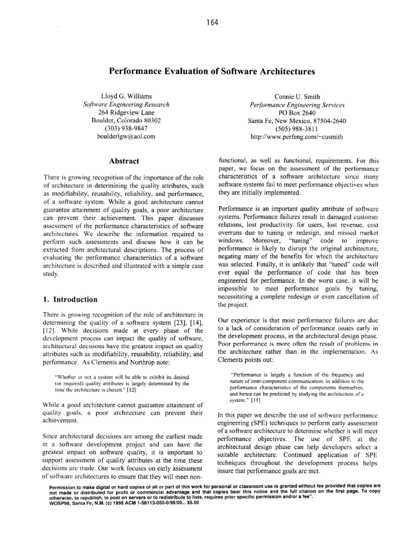 Software Architecture Performance Evaluation