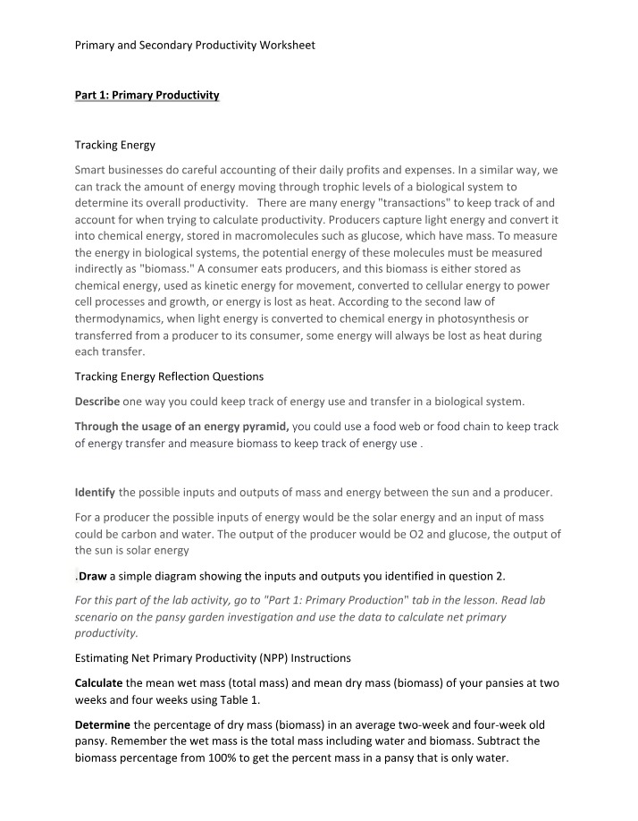 Worksheet on Primary and Secondary Productivity