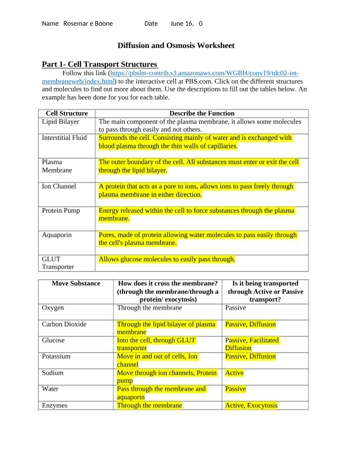 Worksheet on Diffusion and Osmosis