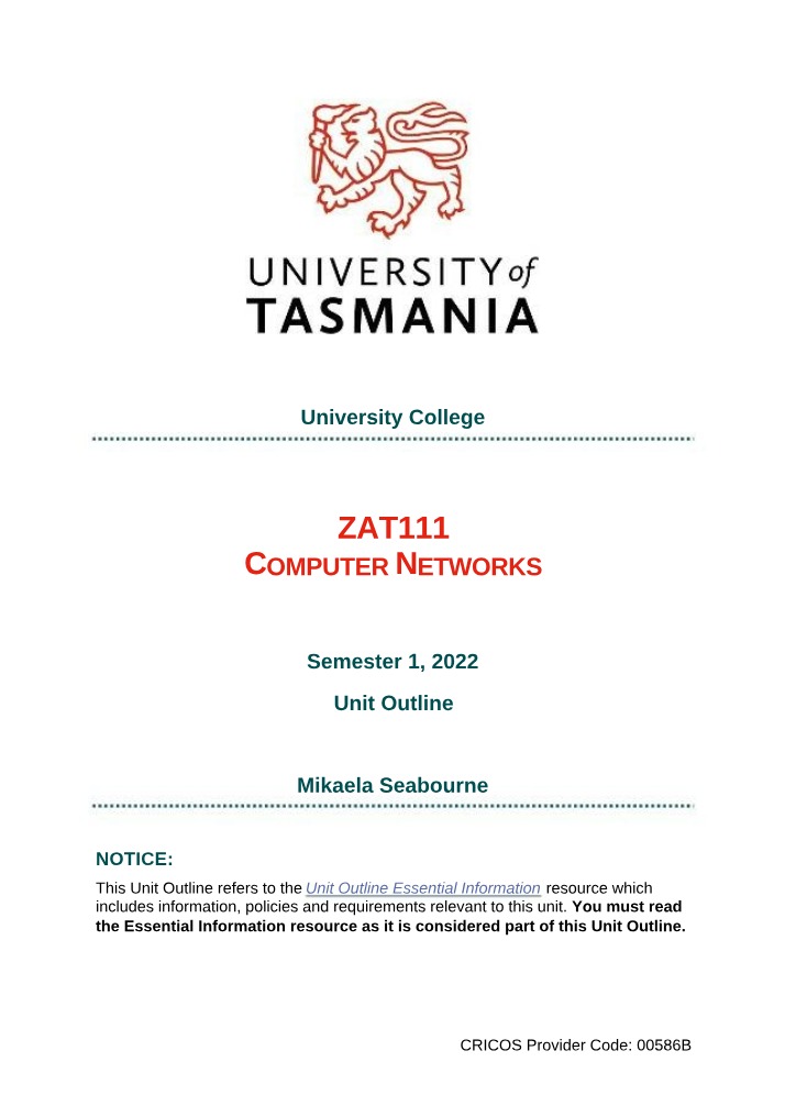 ZAT111 Computer Networks Unit Outline Autumn