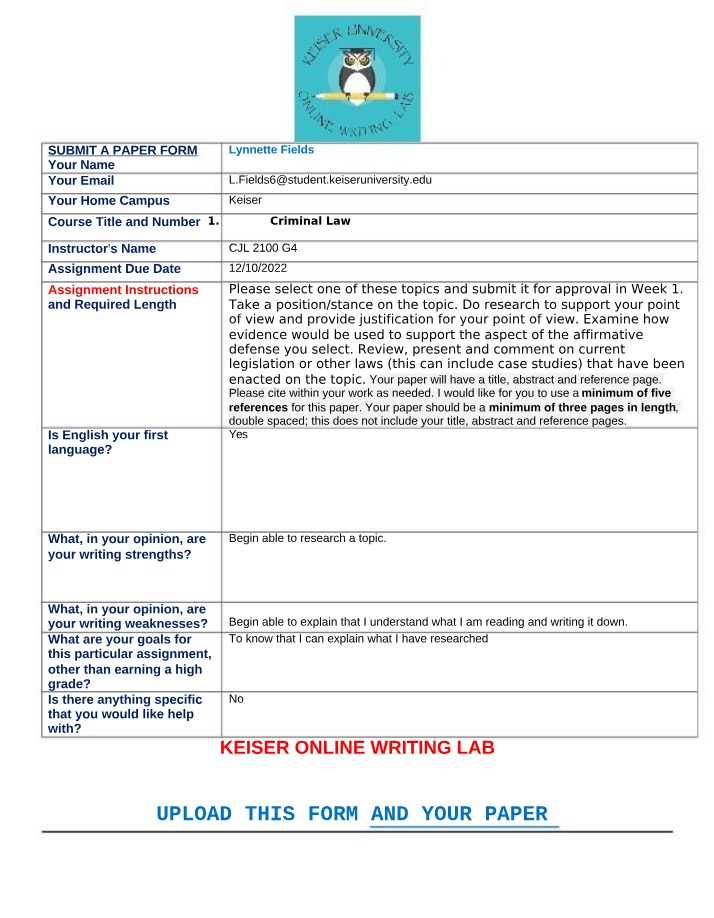 Submission Form for Criminal Law Paper