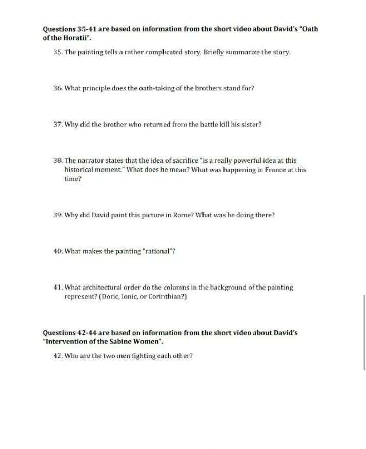 Questions on David's Oath of the Horatii and the Intervention of the Sabine Women