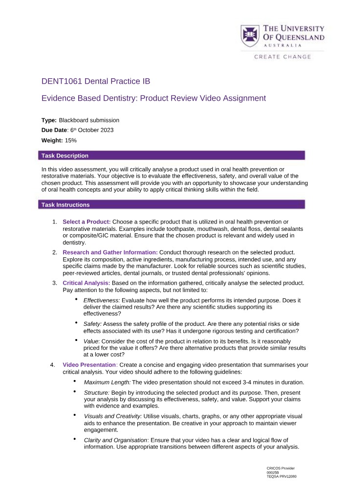 Product Review Video Assignment for Evidence-Based Dentistry