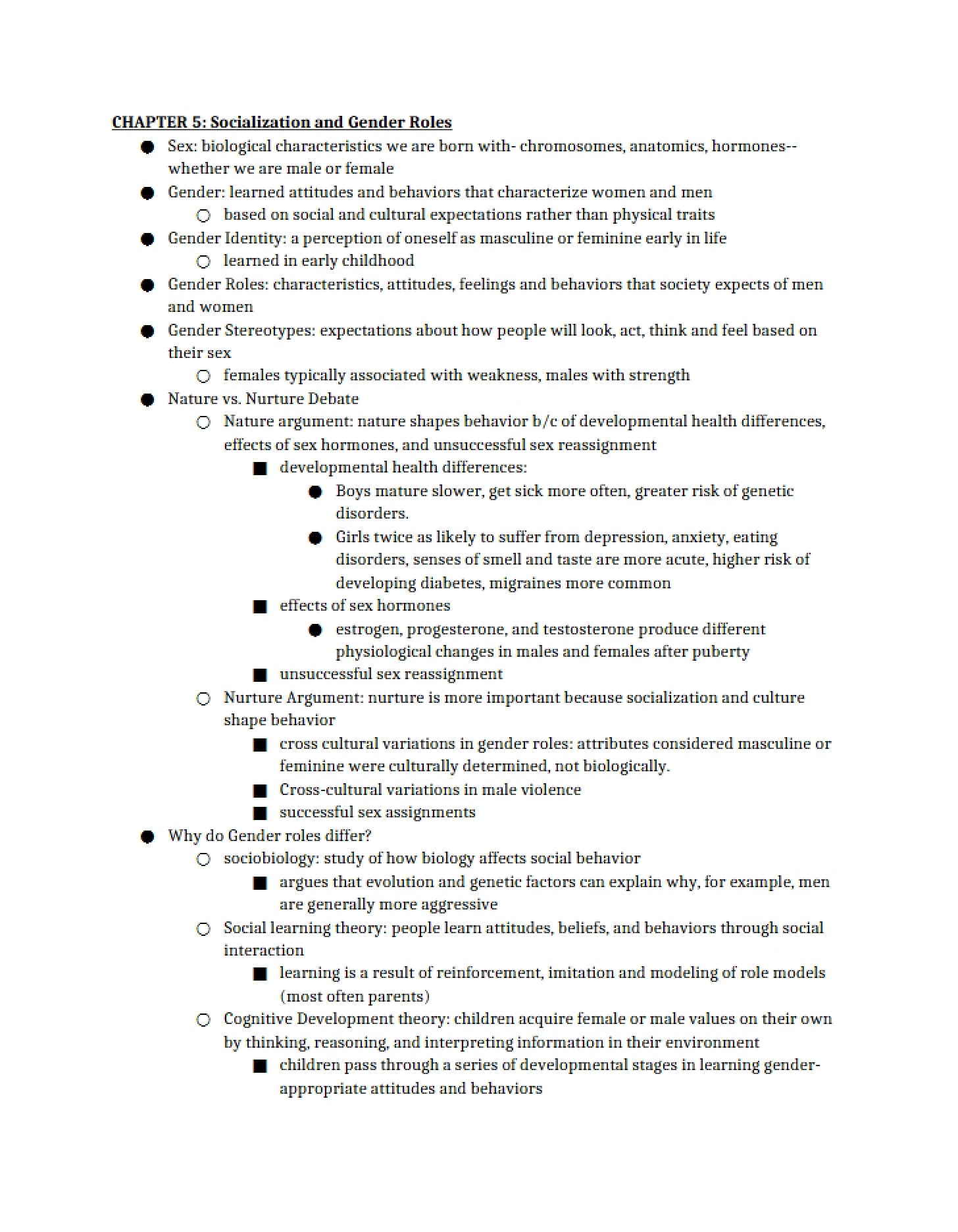 Gender Roles and Socialization - Chapter Five