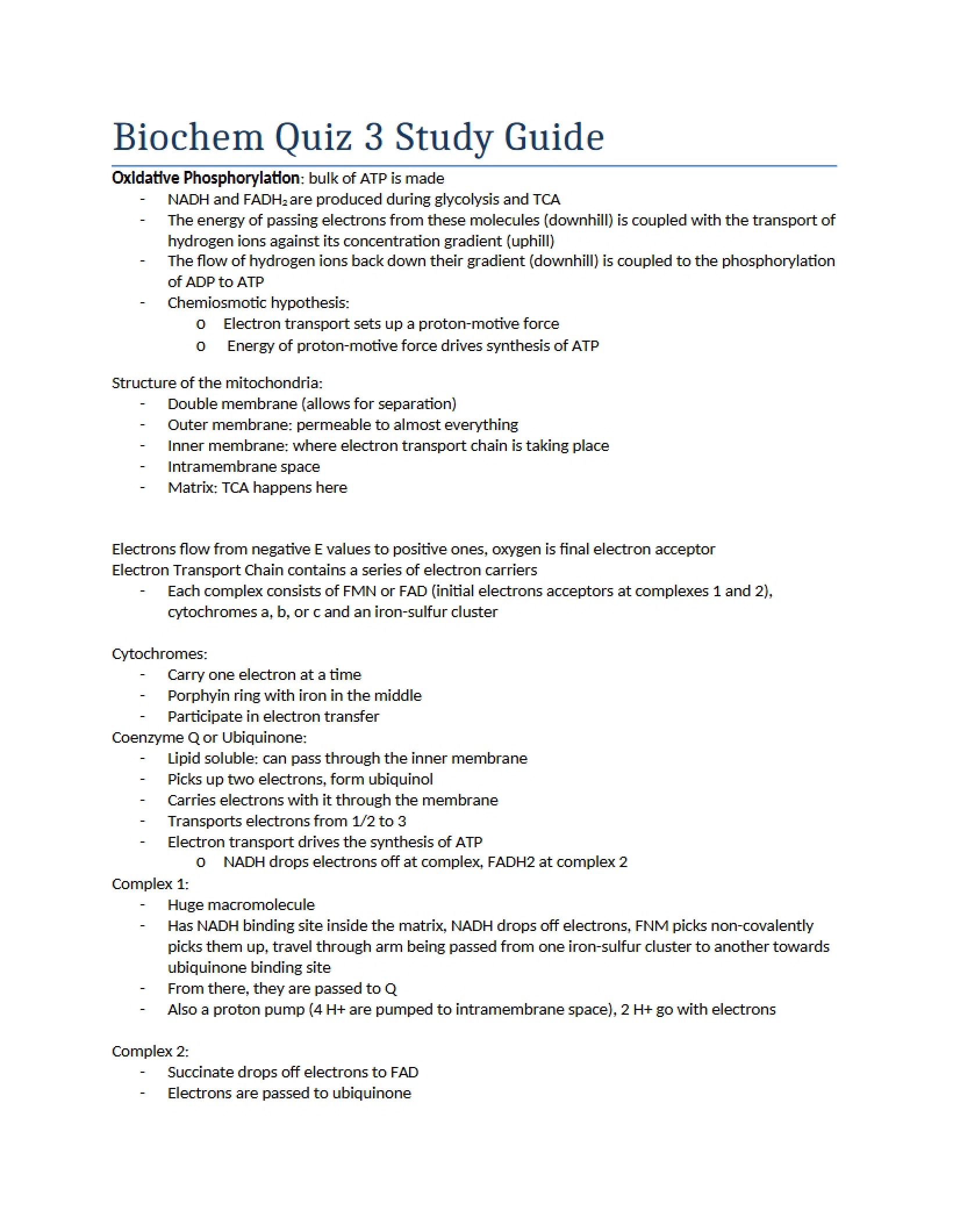 Study Guide for Biochemistry Quiz 3