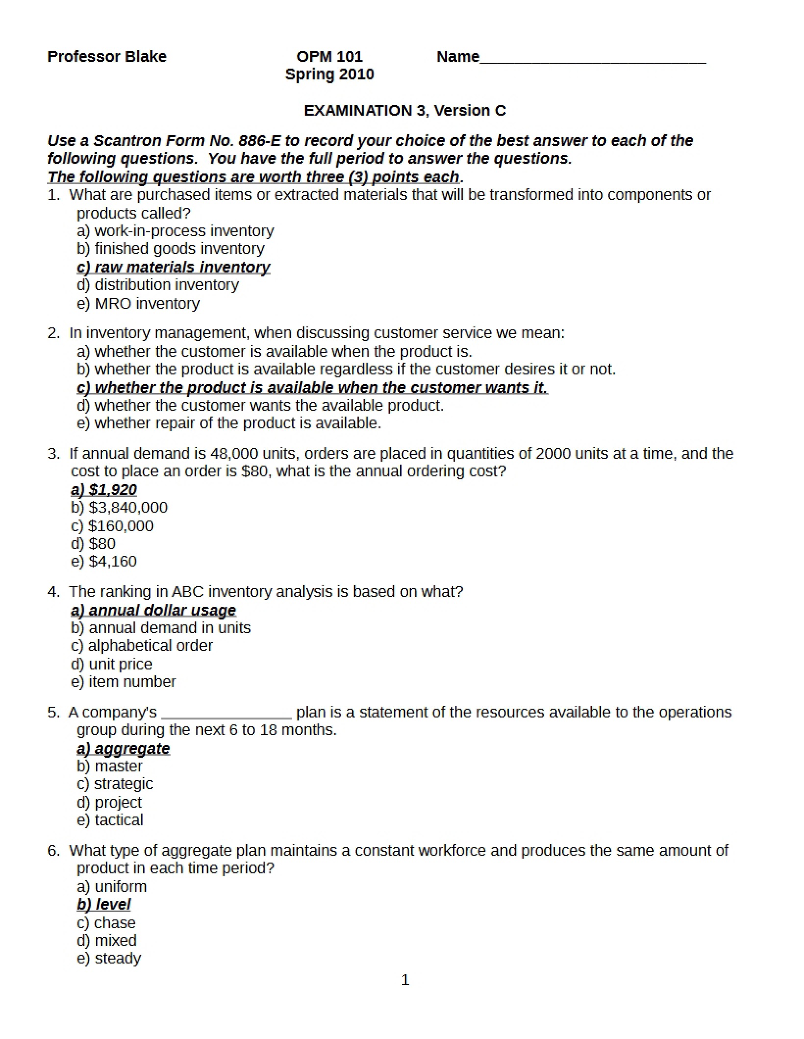 Third Exam (OPM 101)
