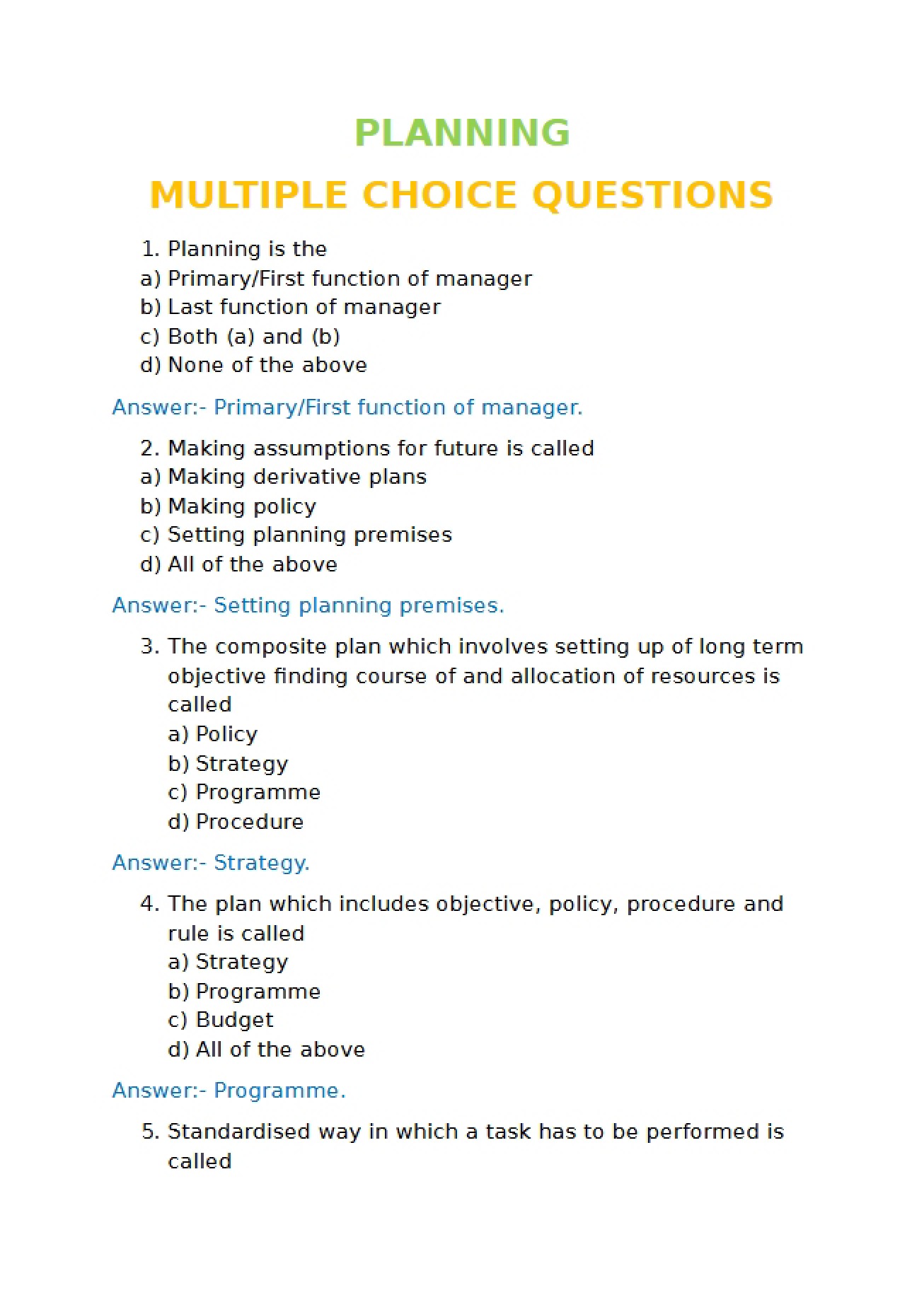 Multiple Choice Questions on Planning