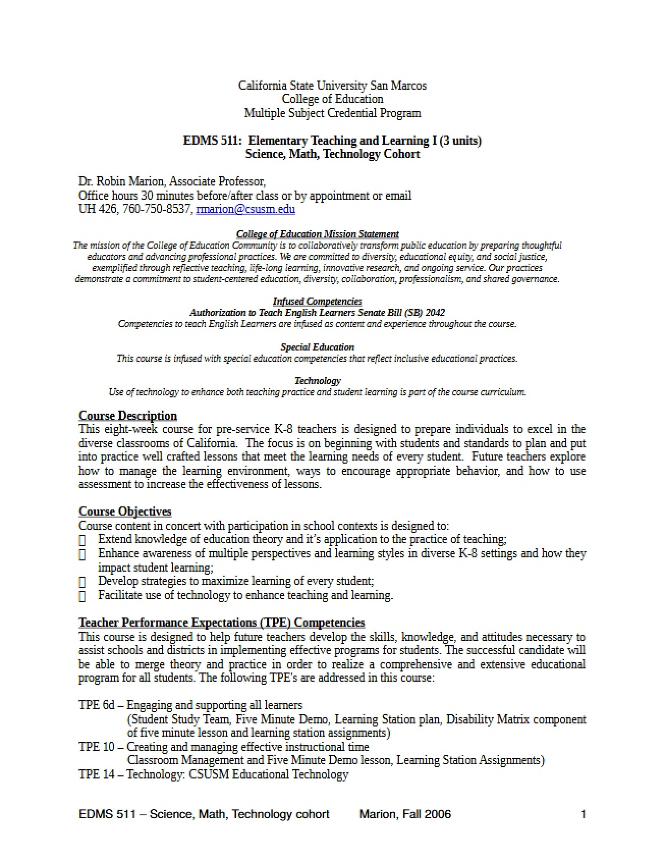 Marion Elementary Teaching Syllabus