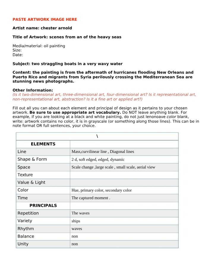 Worksheet for Artwork Breakdown