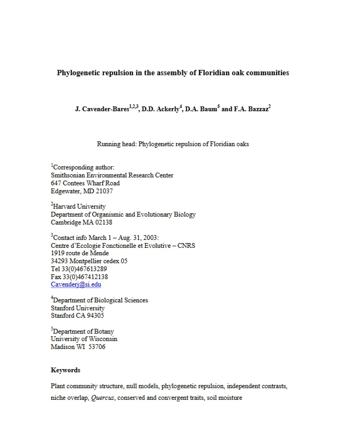 Floridian Oak Community Assembly Phylogenetic Repulsion