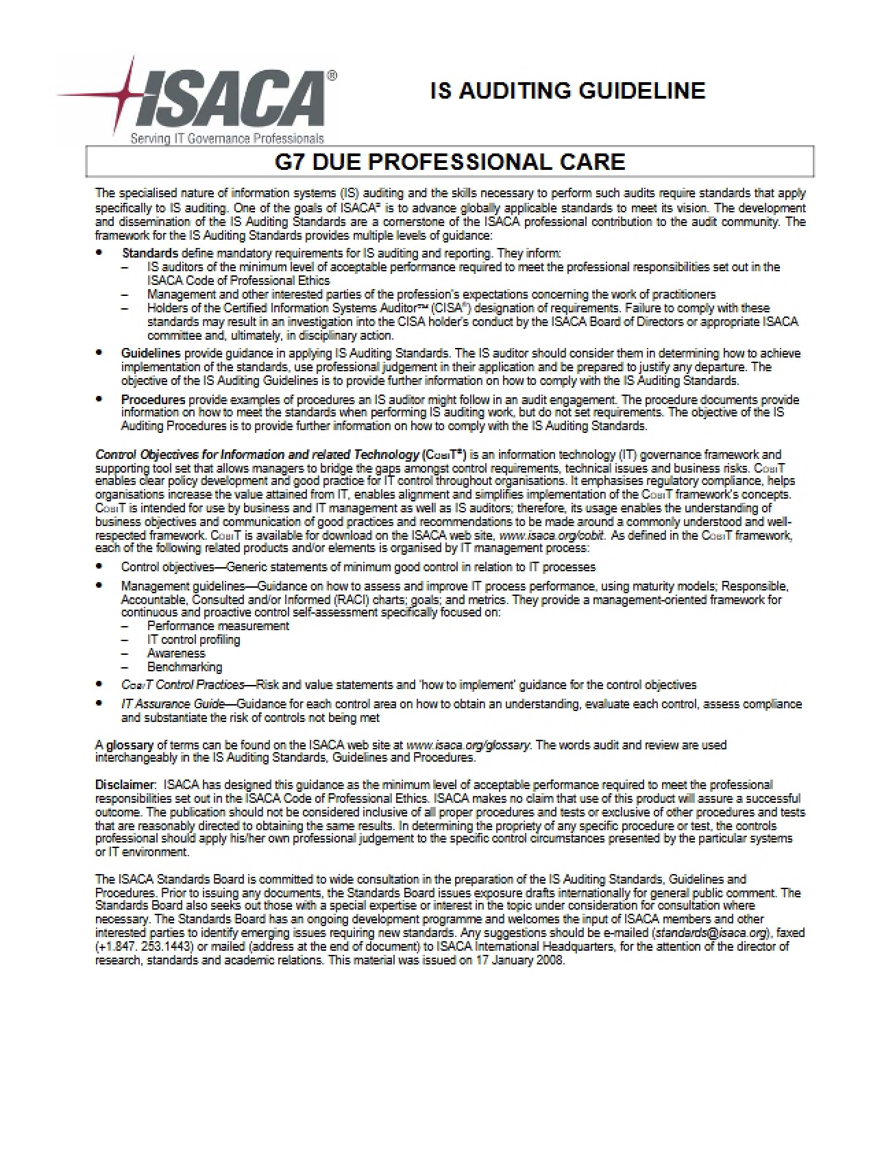 Due Professional Care in IS Audit Guidelines
