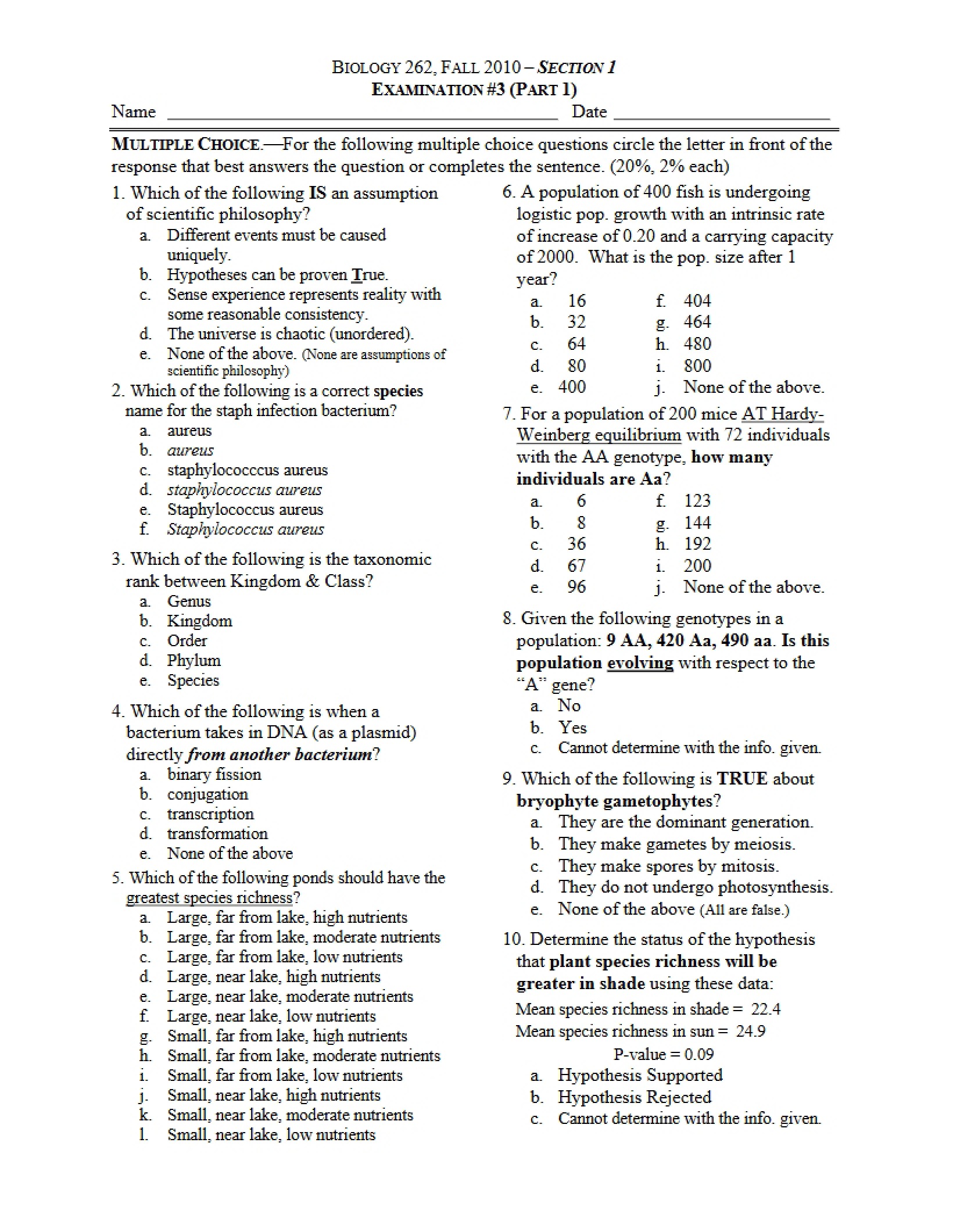 Examination for Principles of Biology (4)
