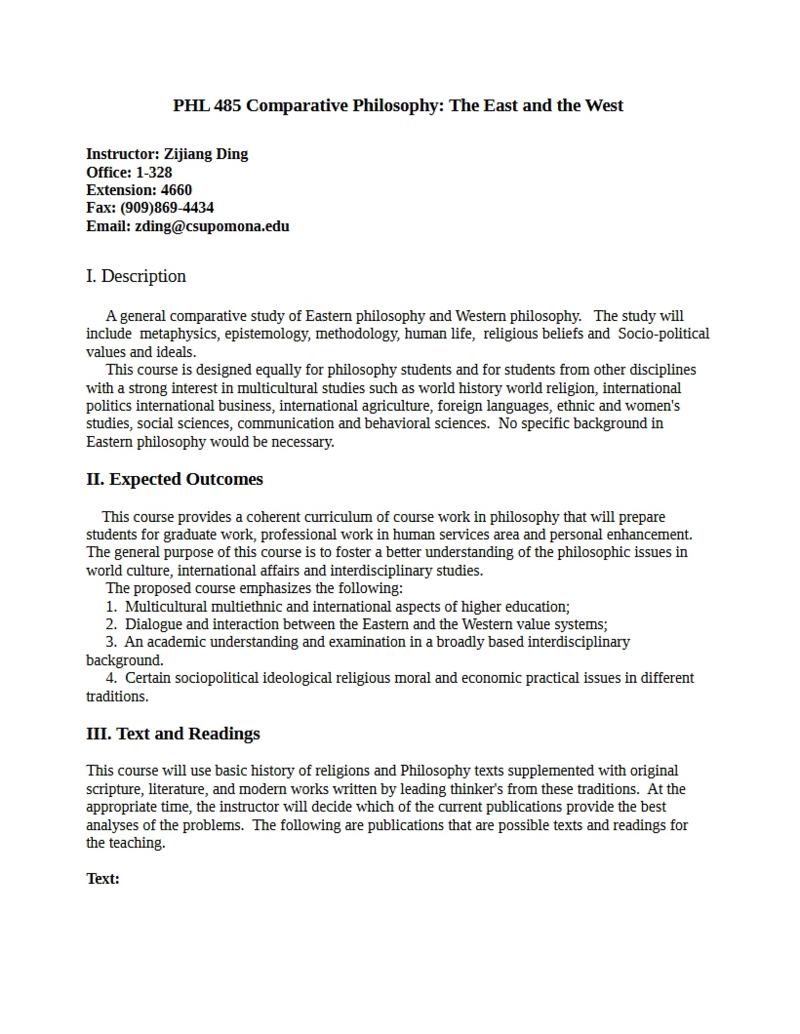 Comparative Philosophy Syllabus
