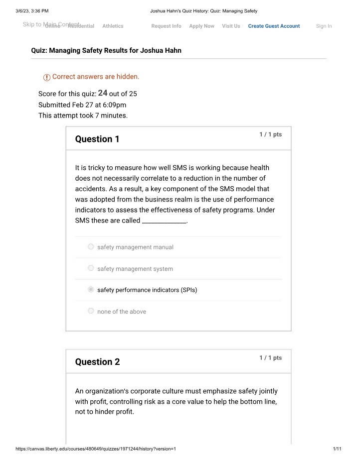 Managing Safety Quiz Results