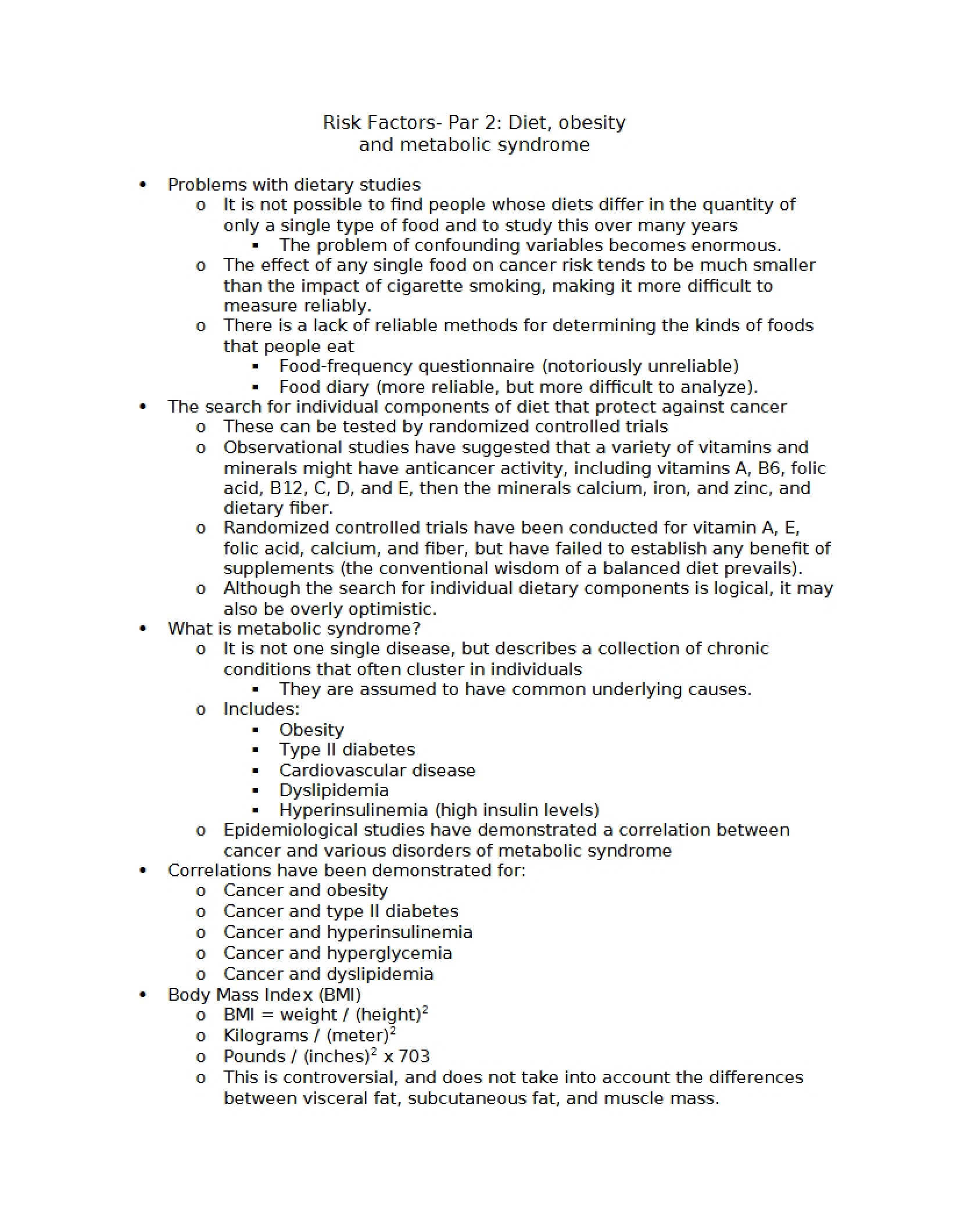 Diet, Obesity, and Metabolic Syndrome (Risk Factors Part 2)