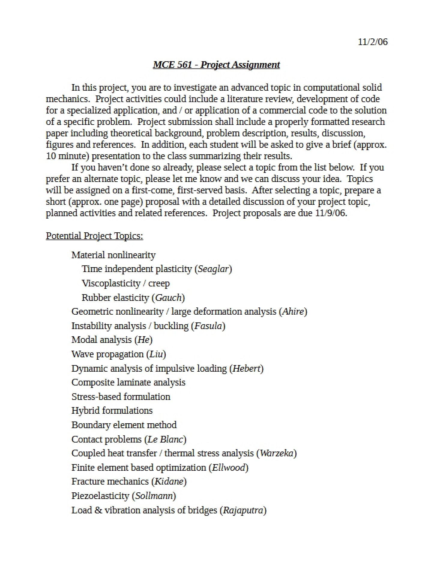 Project Assignment MCE 561