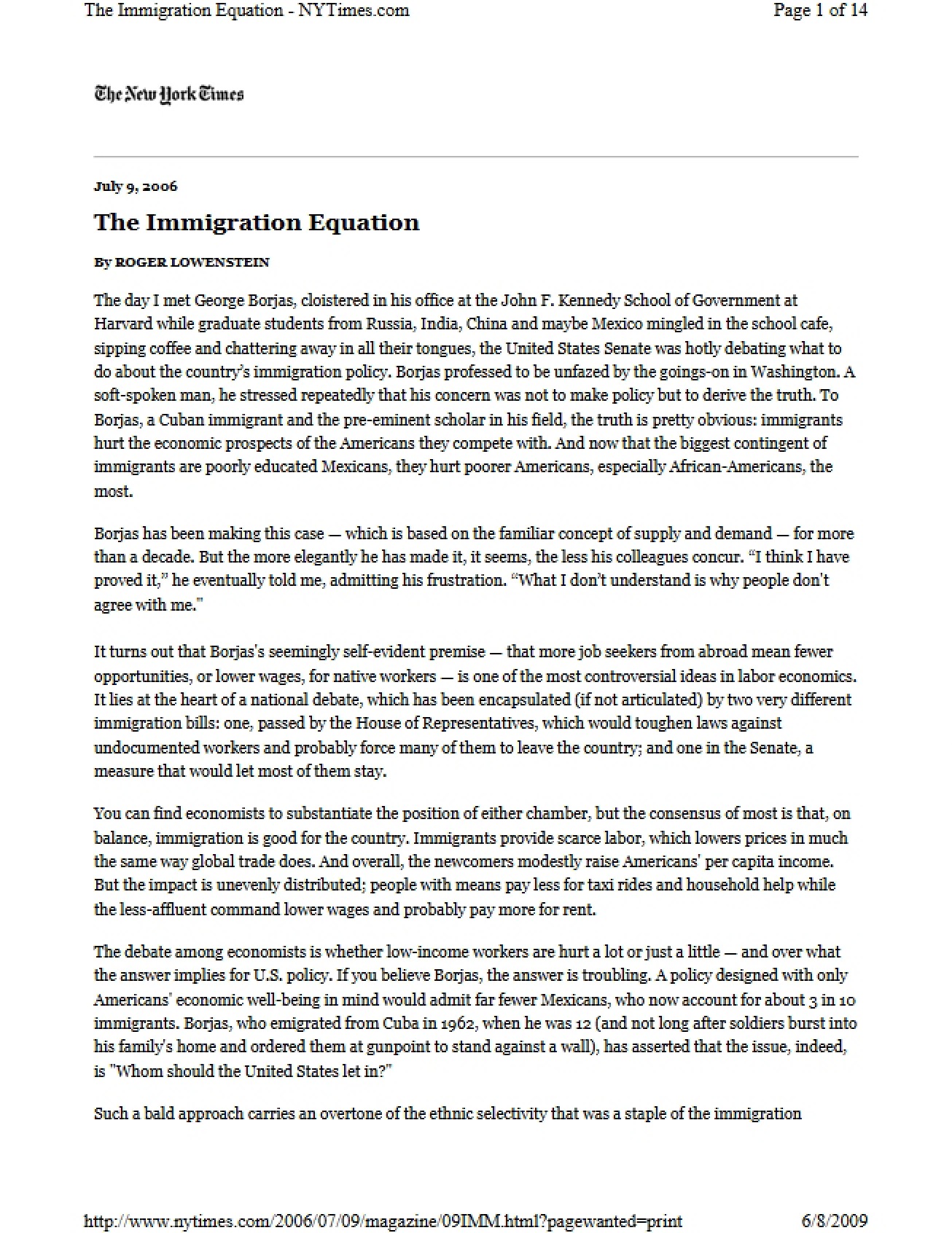 Examination of the Immigration Equation