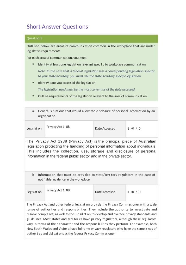 Workplace Communication and Legislation - Short Answer Questions