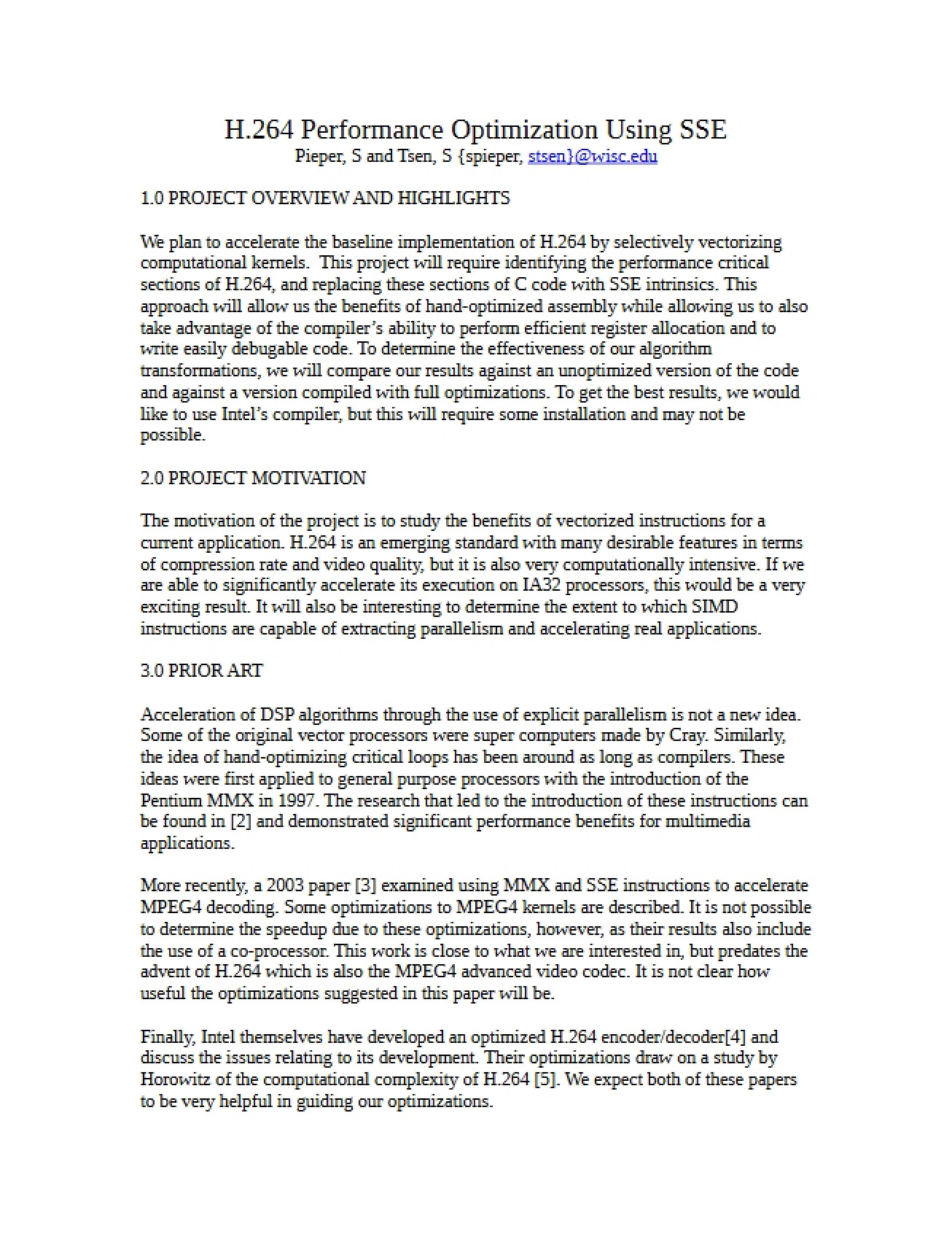 Performance Optimization of H.264 via SSE