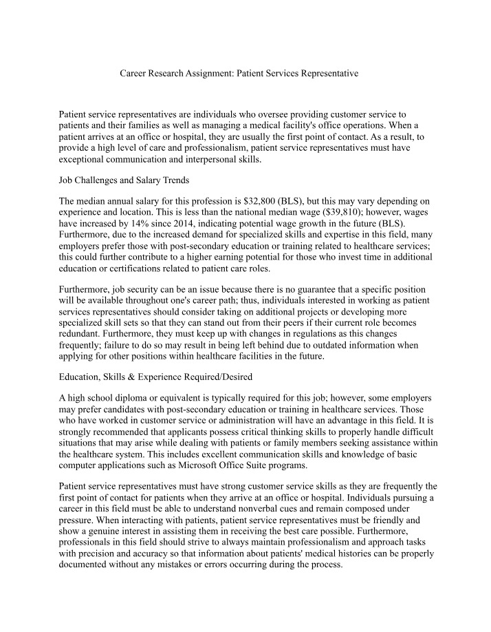 Patient Services Representative Career Research Assignment