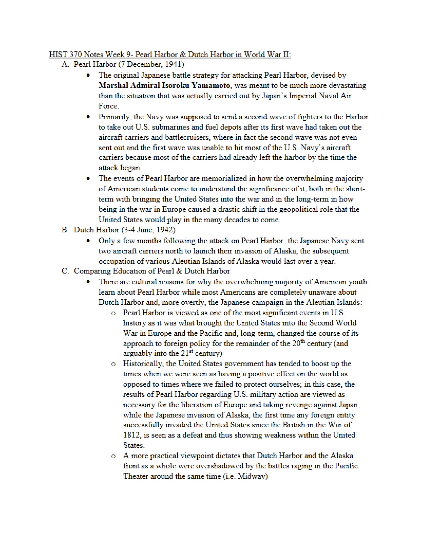 World War II Pearl Harbor and Dutch Harbor (Week Nine)