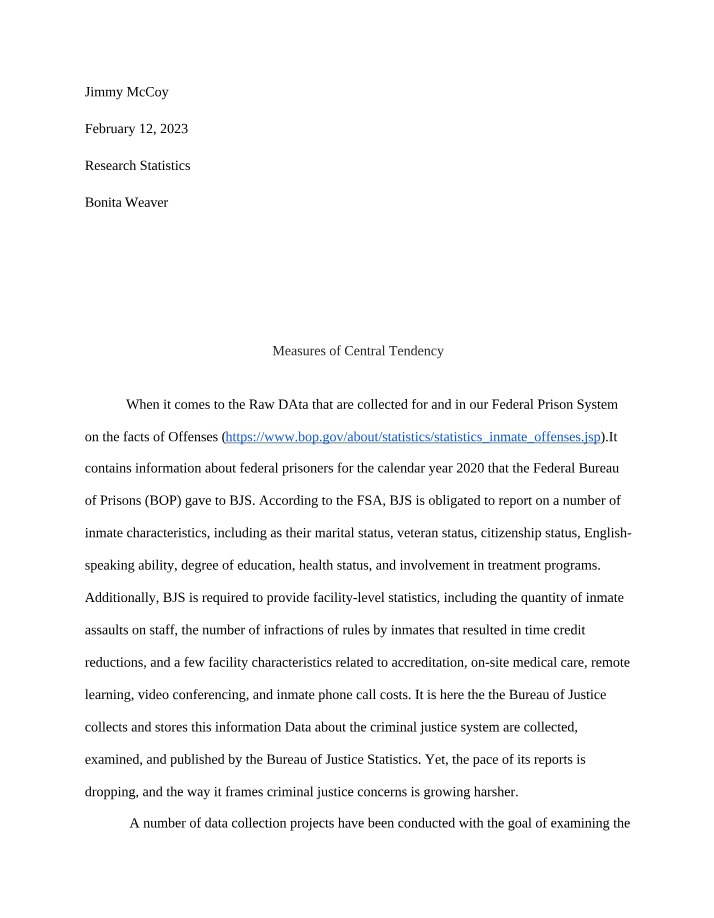 Central Tendency Measures in Federal Prison System Data