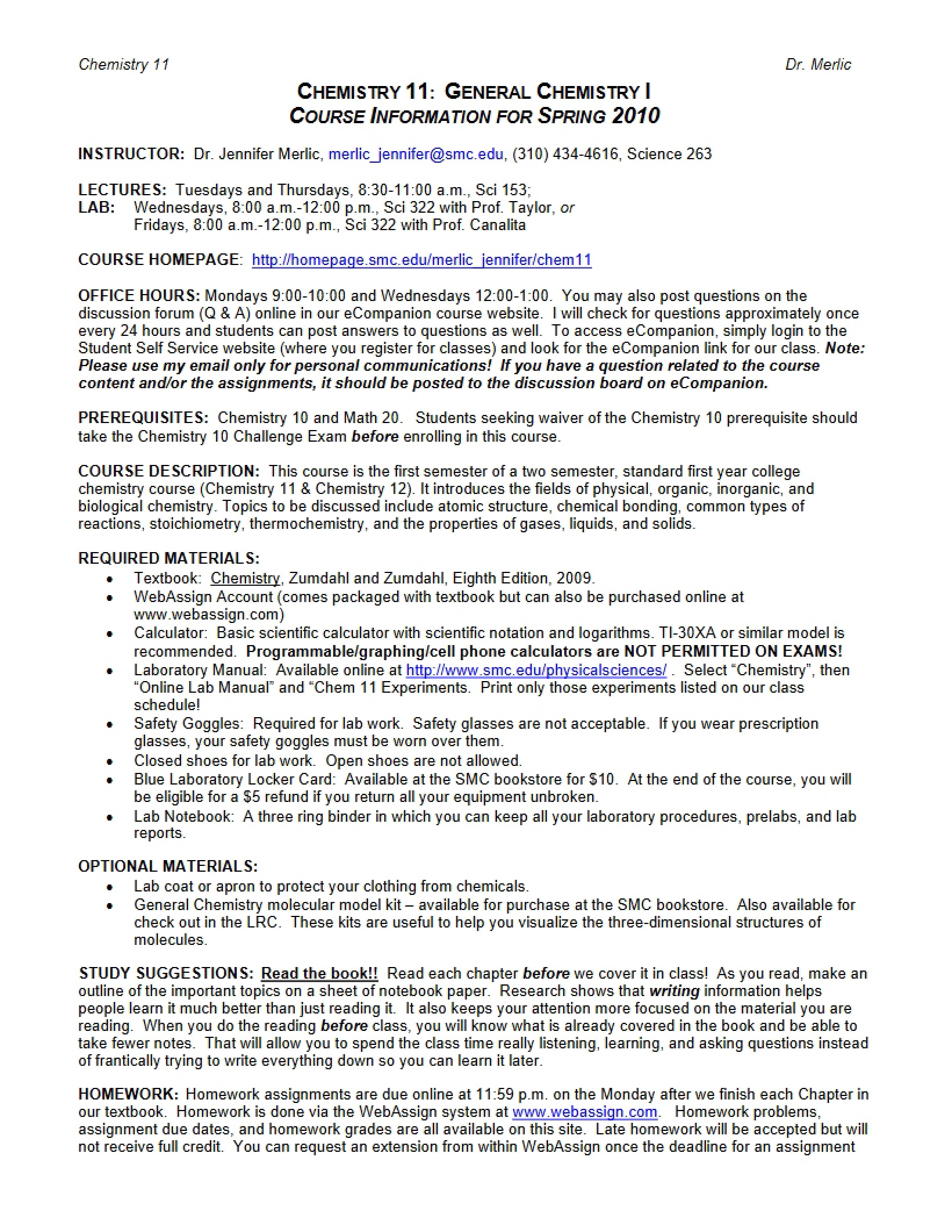 Spring 2010 Course Info (Chem 11)
