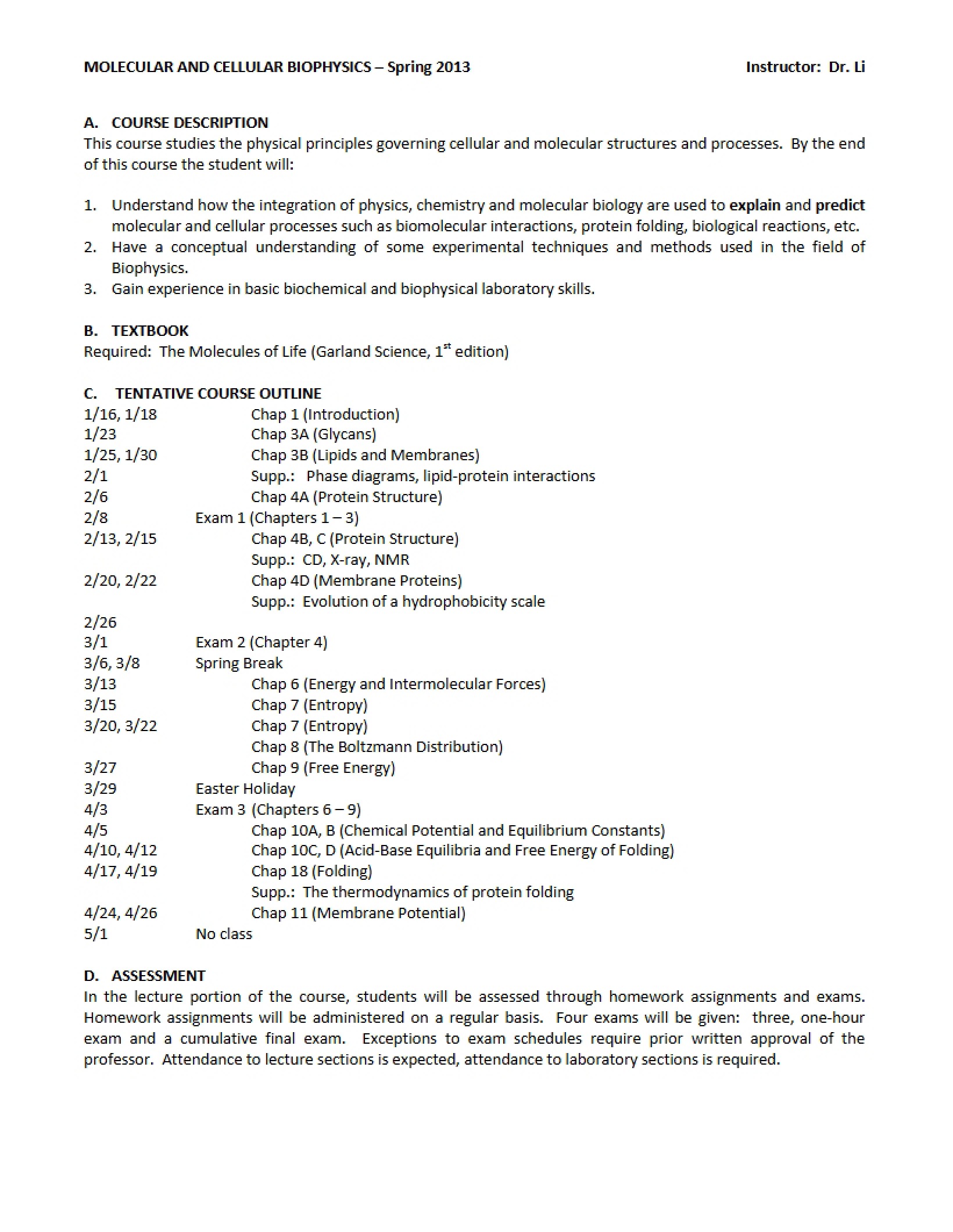 Cellular Biophysics Syllabus