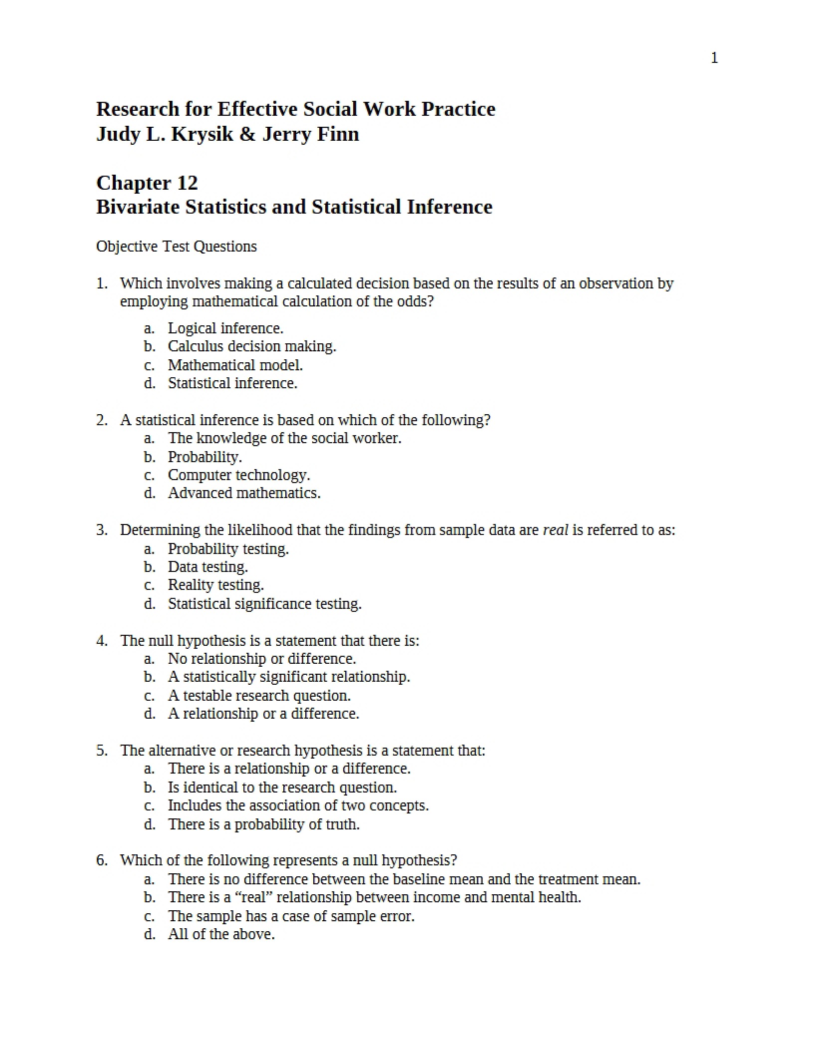 Statistical Inference and Bivariate Statistics Chapter 12
