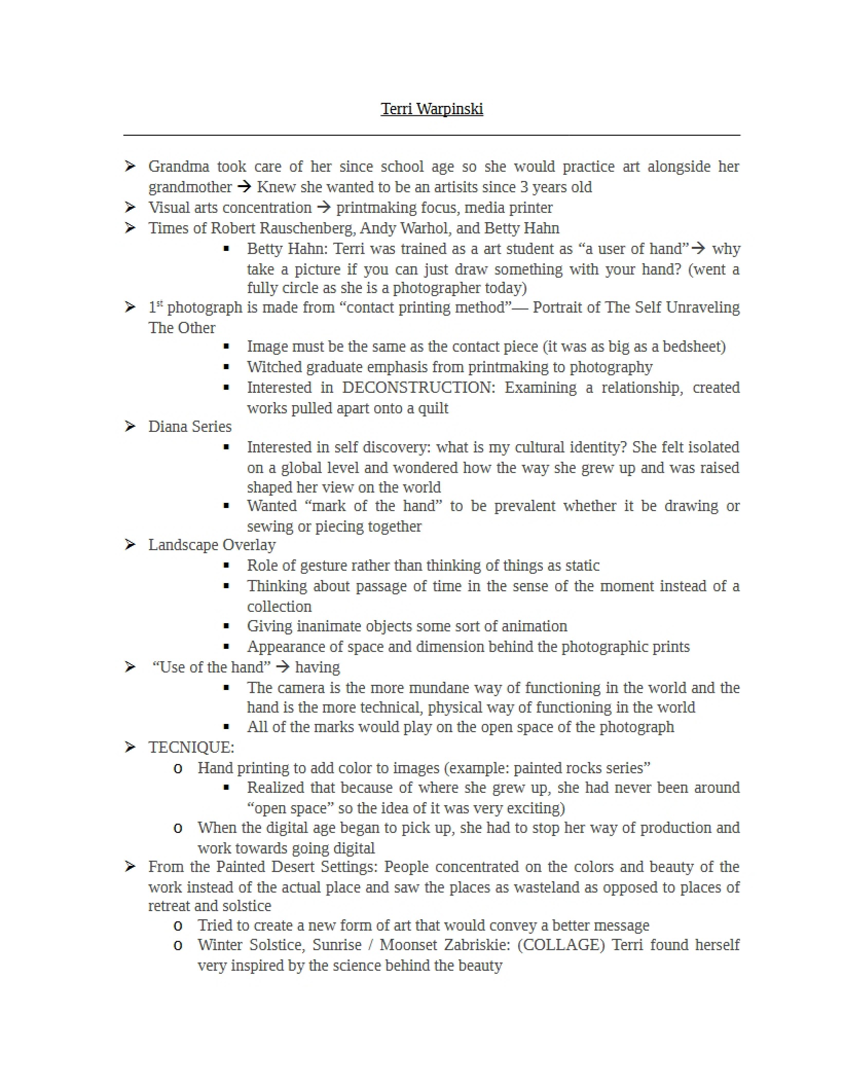 Notes from Terri Warpinski