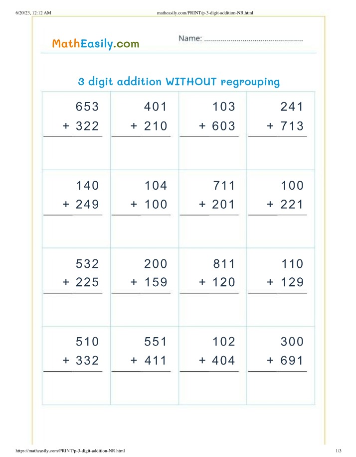 3-Digit Addition Worksheet