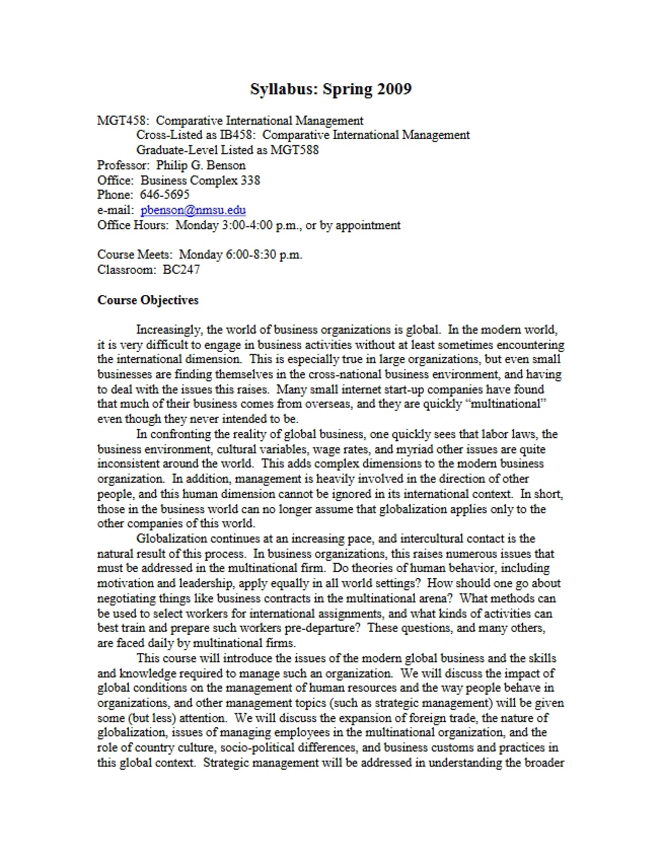 Syllabus for Comparative International Management