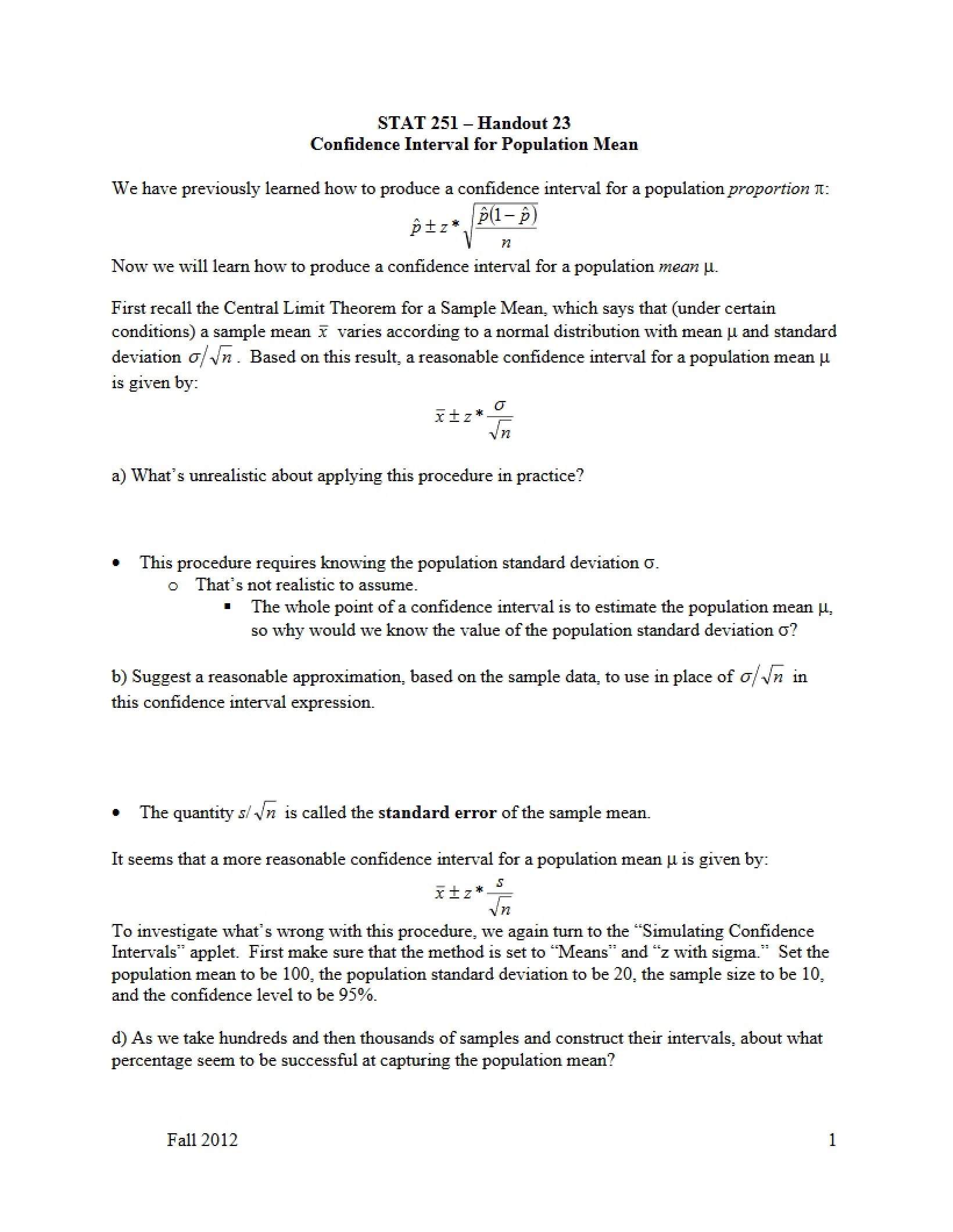 Population Mean Confidence Interval