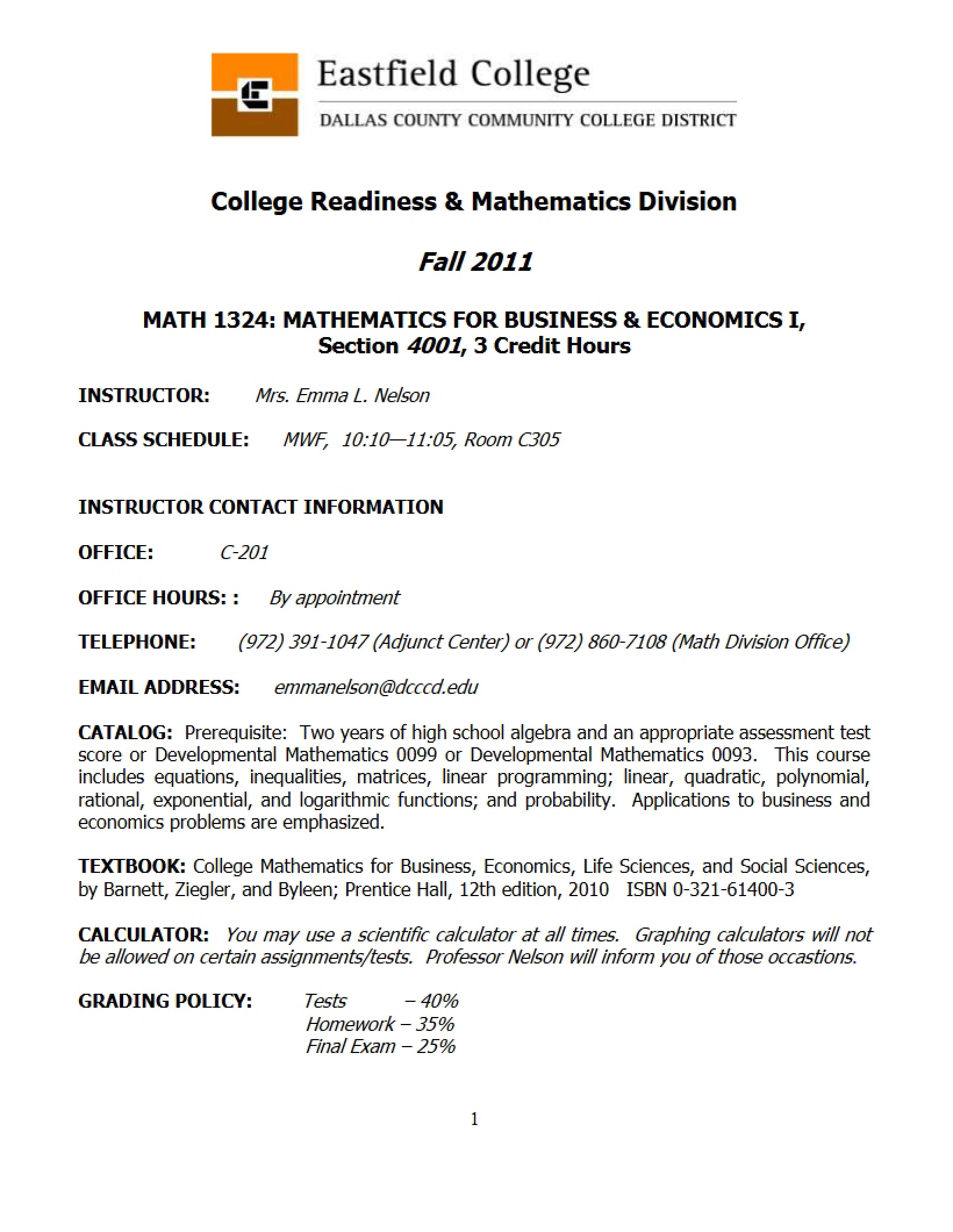 Course Syllabus for Mathematics for Business and Social Sciences
