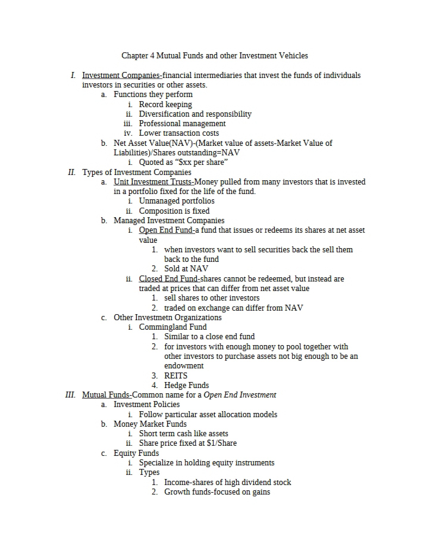Investment Vehicles and Mutual Funds Chapter 4