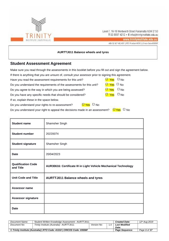 AURTTJ011 - Student Written Knowledge Assessment