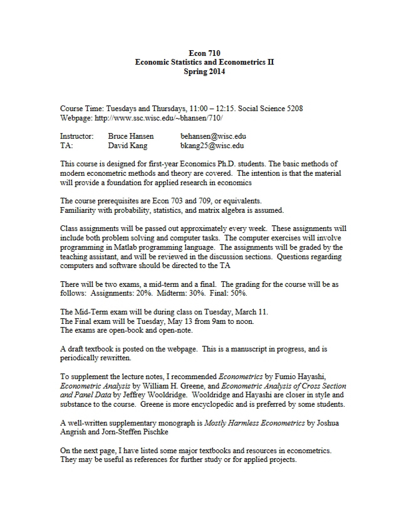Course Outline for Econ 710