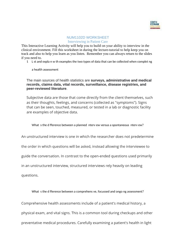 Worksheet - Interviewing in Patient Care (NUM1102D)
