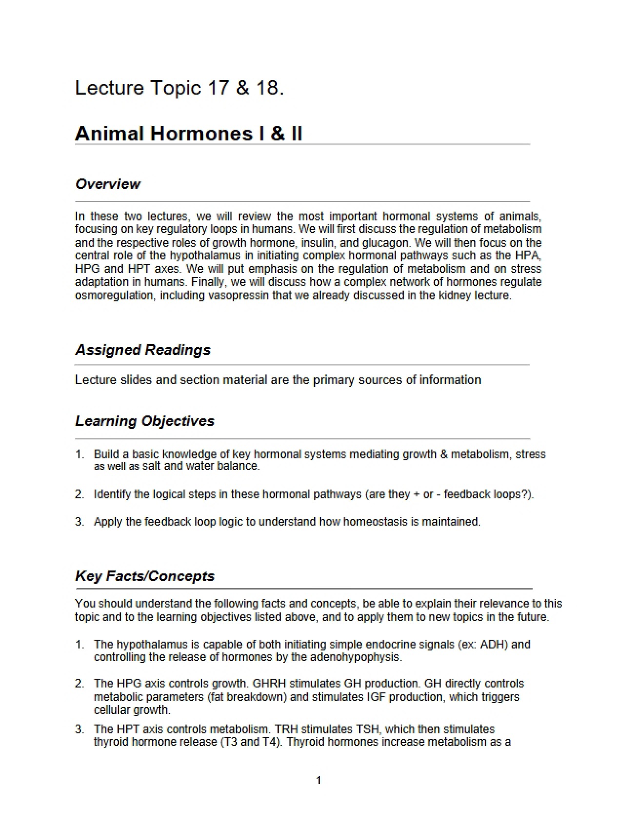 Animal Hormones Lectures 17 and 18