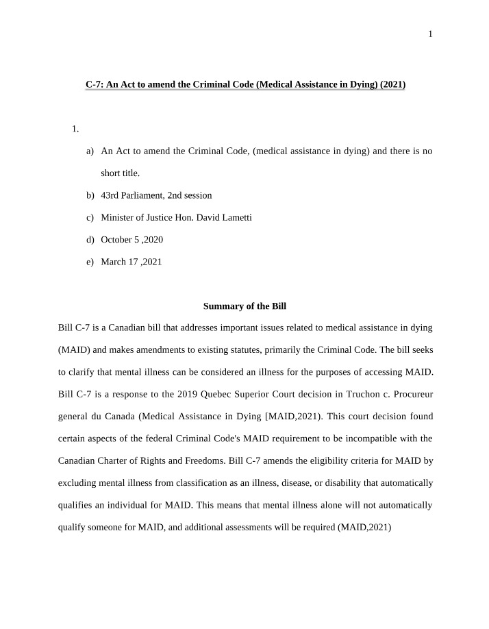 Medical Assistance in Dying - Amending the Criminal Code (Bill C-7)