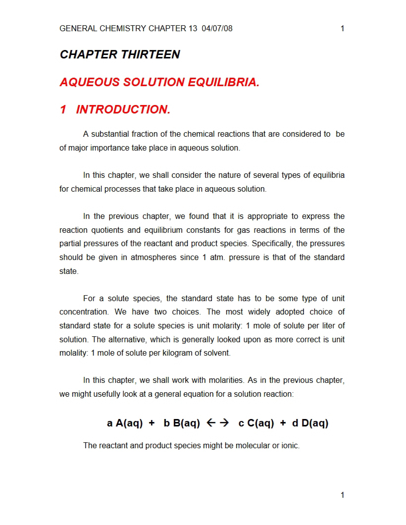 Equilibria of Aqueous Solutions (Ch 13)