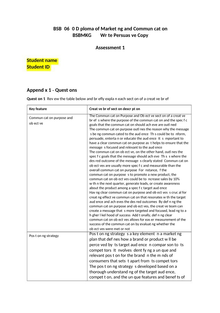 BSBMKG555 Assessment 1 Template Version B