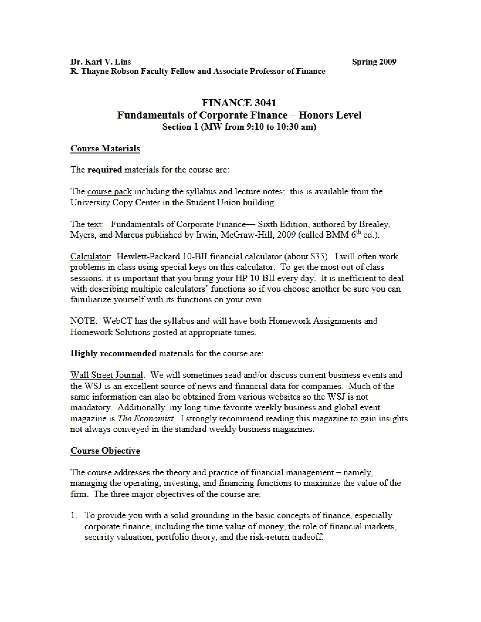 Honors Finance Course Outline