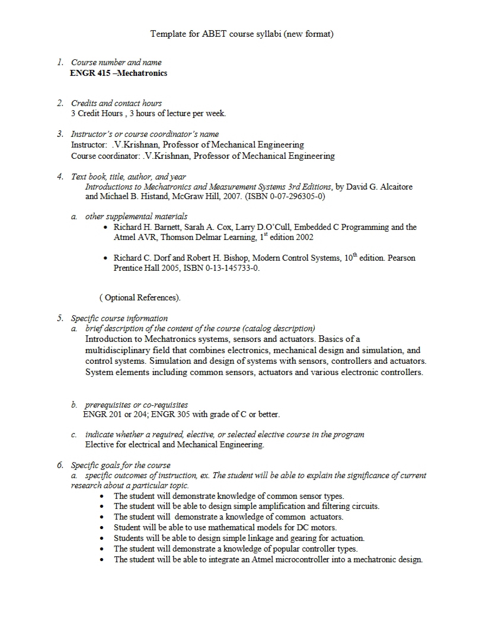 Mechatronics Course Syllabus