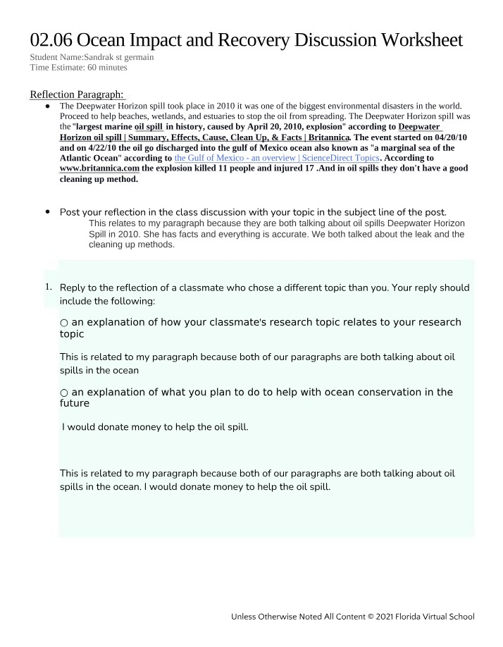 Discussion Worksheet for Ocean Impact and Recovery