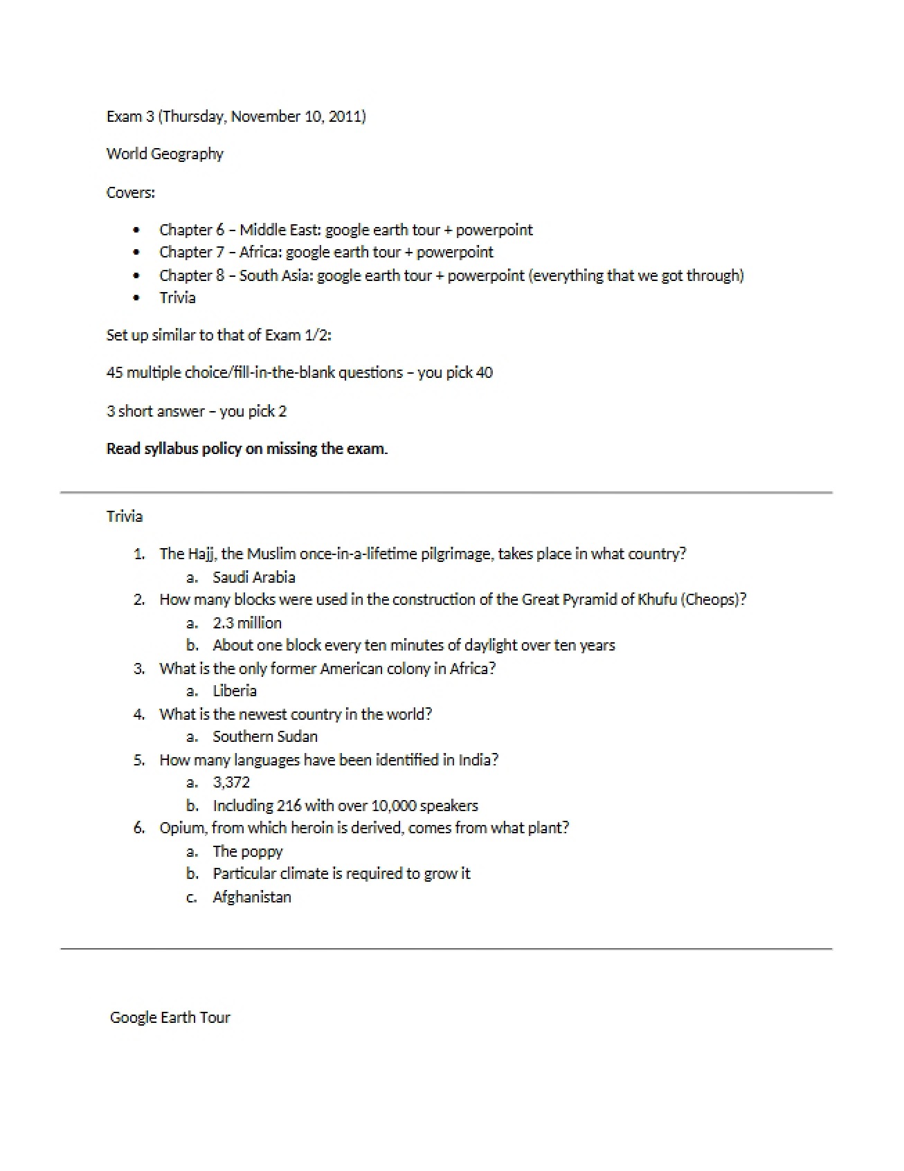 World Geography Exam 3